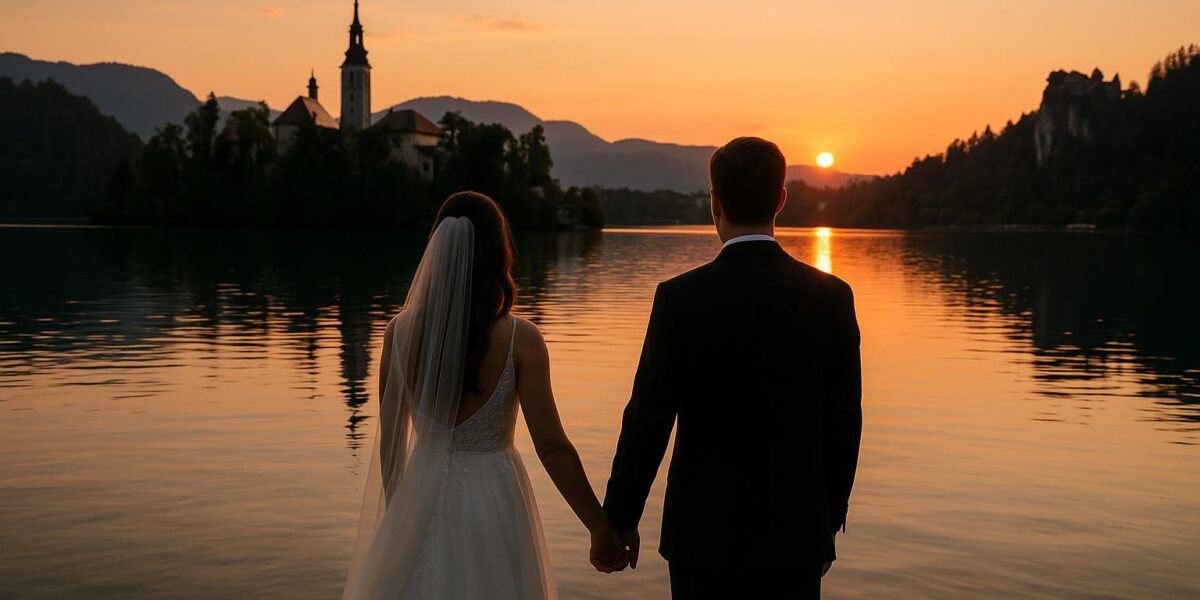 Un couple pose devant un lac slovène entouré de montagnes et d’un château, ambiance romantique de lune de miel.