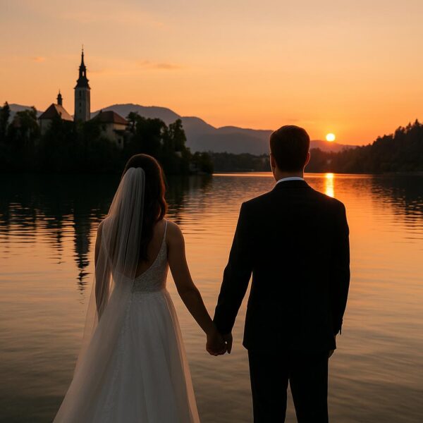 Un couple pose devant un lac slovène entouré de montagnes et d’un château, ambiance romantique de lune de miel.