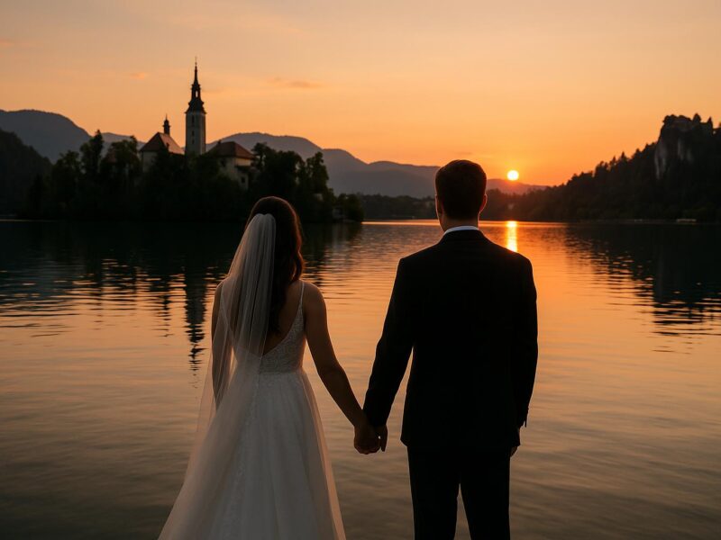 Un couple pose devant un lac slovène entouré de montagnes et d’un château, ambiance romantique de lune de miel.
