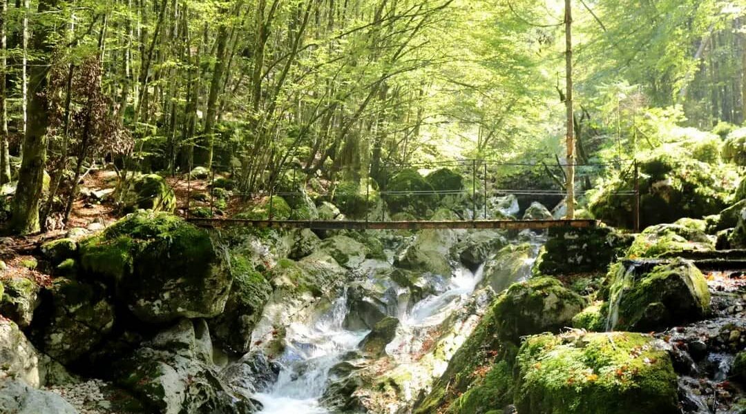 Vallée de Boveč avec sentiers de randonnée, rivière Soča et cascades