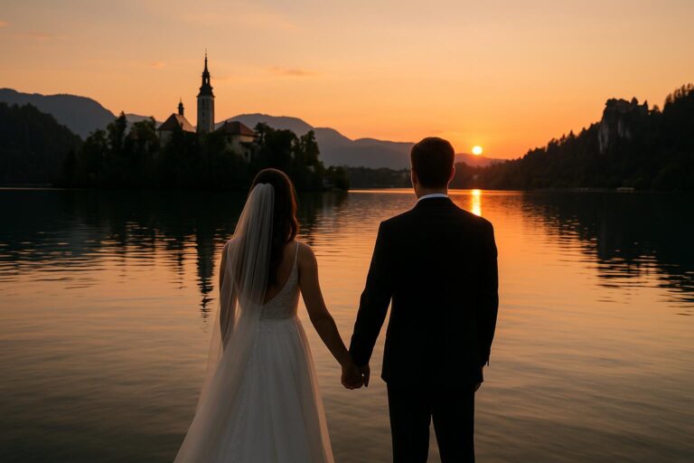 jeunes mariés admirant un paysage romantique en Slovénie