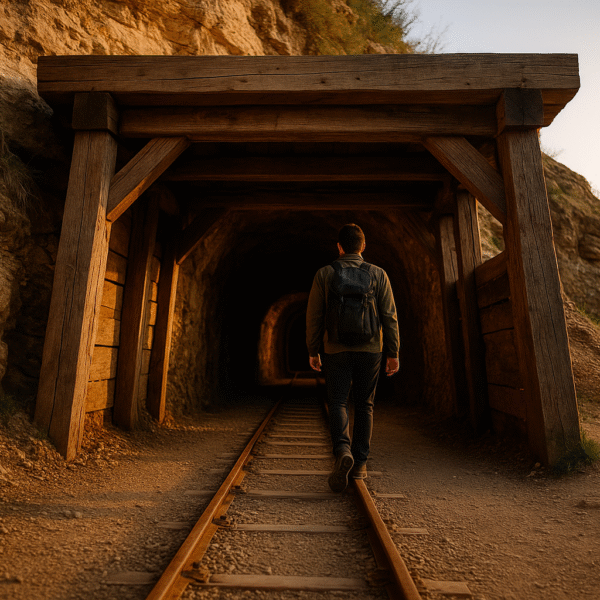 entrée de la mine de sainte-anne dans les karavanke slovènes, vue sur la porte d’accès, végétation et montagne