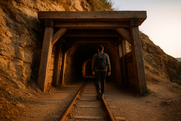 entrée de la mine de sainte-anne dans les karavanke slovènes, vue sur la porte d’accès, végétation et montagne