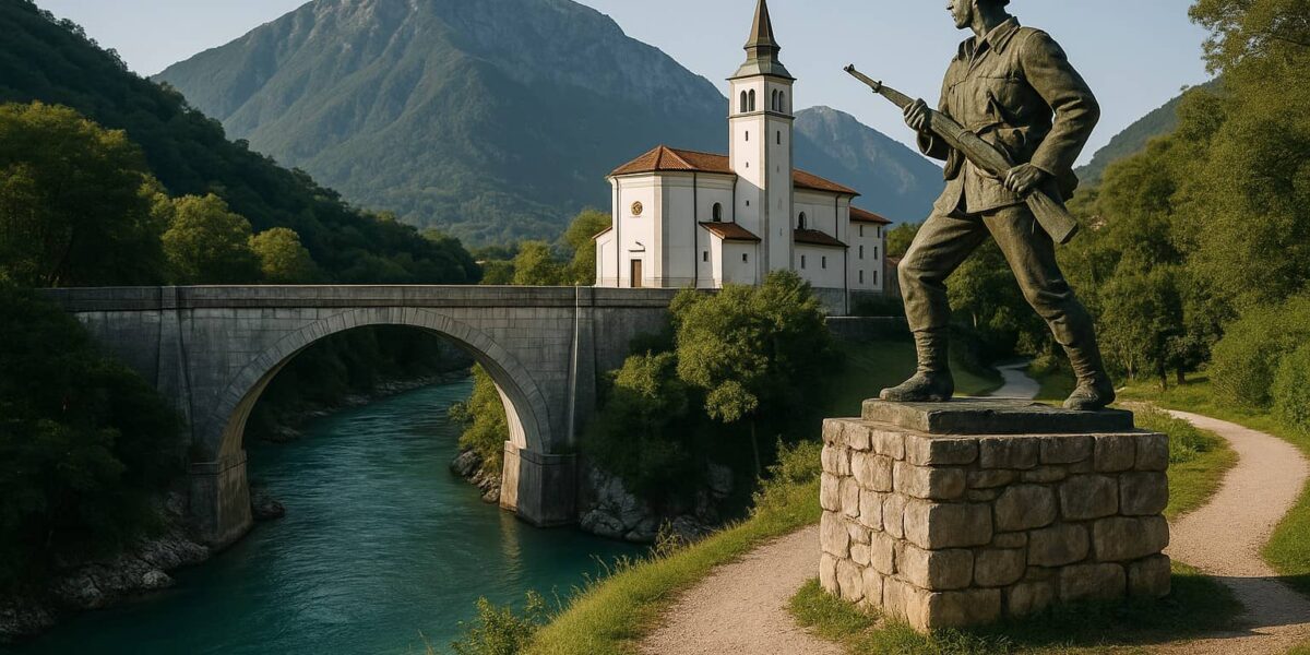 Vue de Kobarid, nature, pont Napoléon et rivière Soča, Slovénie
