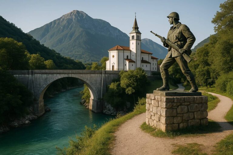 Vue de Kobarid, nature, pont Napoléon et rivière Soča, Slovénie