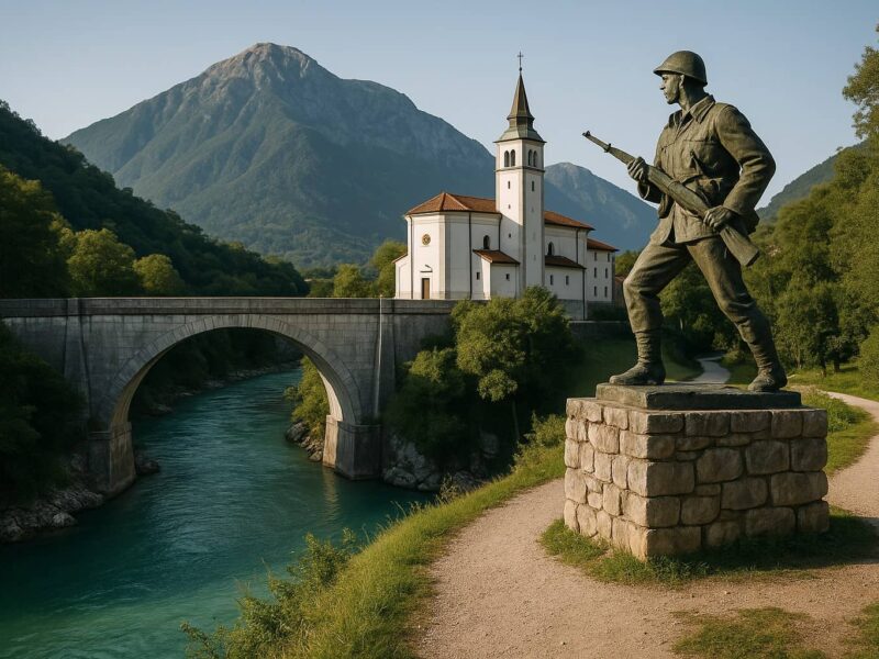 Vue de Kobarid, nature, pont Napoléon et rivière Soča, Slovénie