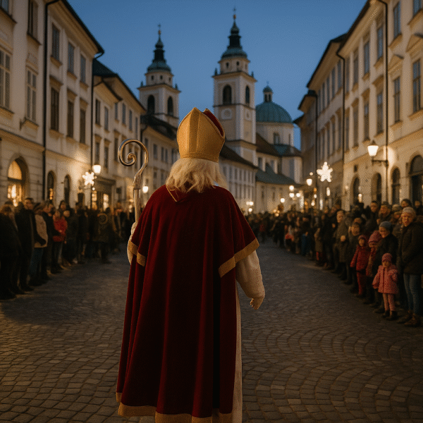 Illustration de la Saint-Nicolas slovène : Miklavž, anges et diables lors de la fête traditionnelle en Slovénie