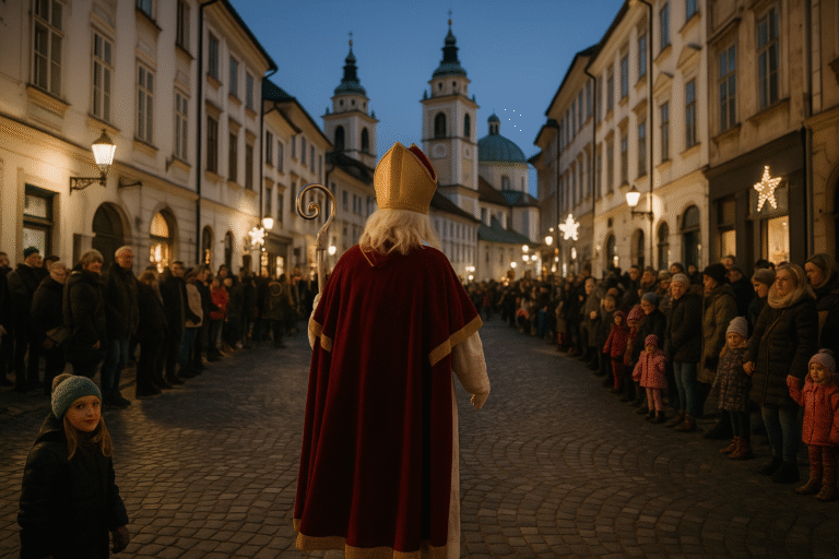 Illustration de la Saint-Nicolas slovène : Miklavž, anges et diables lors de la fête traditionnelle en Slovénie