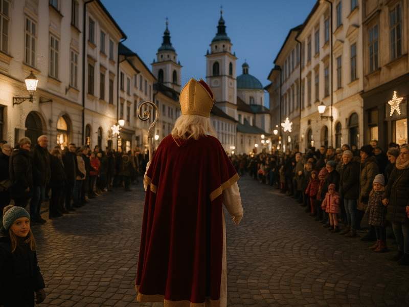 Illustration de la Saint-Nicolas slovène : Miklavž, anges et diables lors de la fête traditionnelle en Slovénie