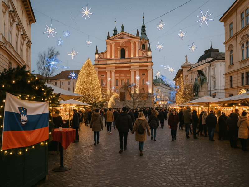 Ambiance de Noël festive en Slovénie, avec lumières, traditions et marchés typiques